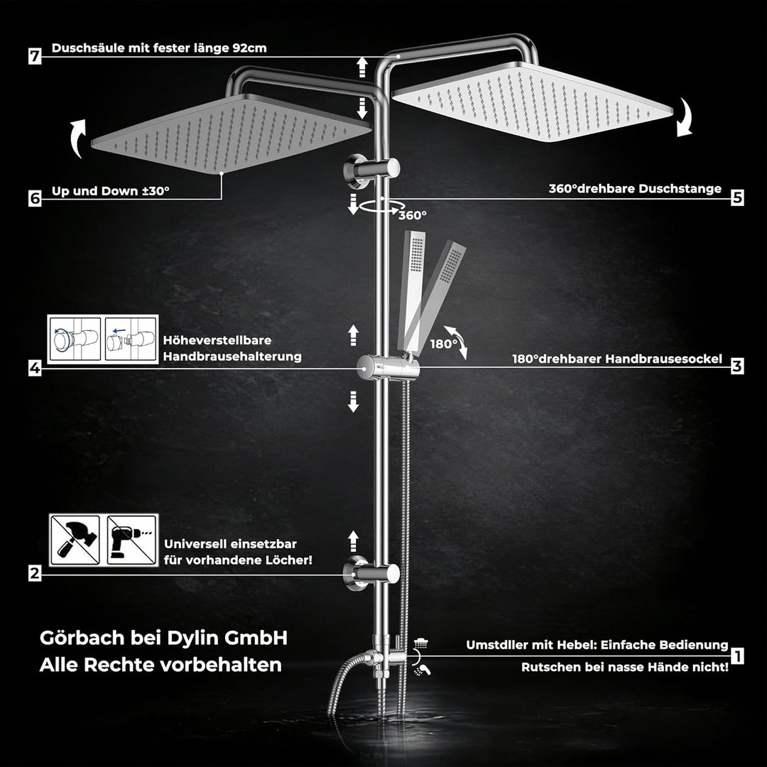Görbach Regendusche Duschsystem ohne Armatur, Edelstahl Duschset mit Verstellbarer Duschstange, Kopf