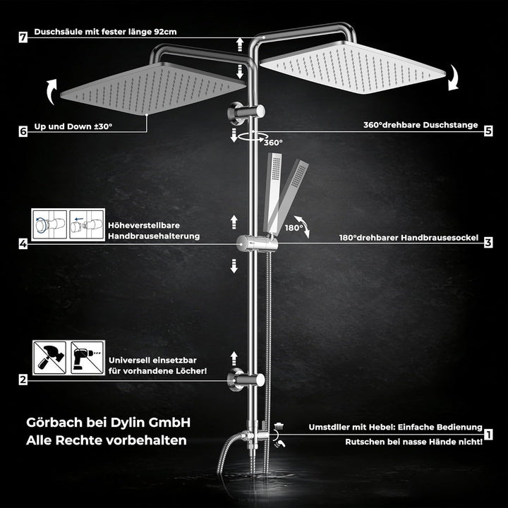 Görbach Regendusche Duschsystem ohne Armatur, Edelstahl Duschset mit Verstellbarer Duschstange, Kopf
