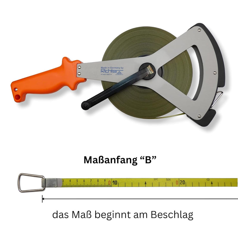 Richter Stahlbandmass "METRI-POLYSAN" 13mm breit mit V-Leichtmetallrahmen - Massband mit Polyamid um