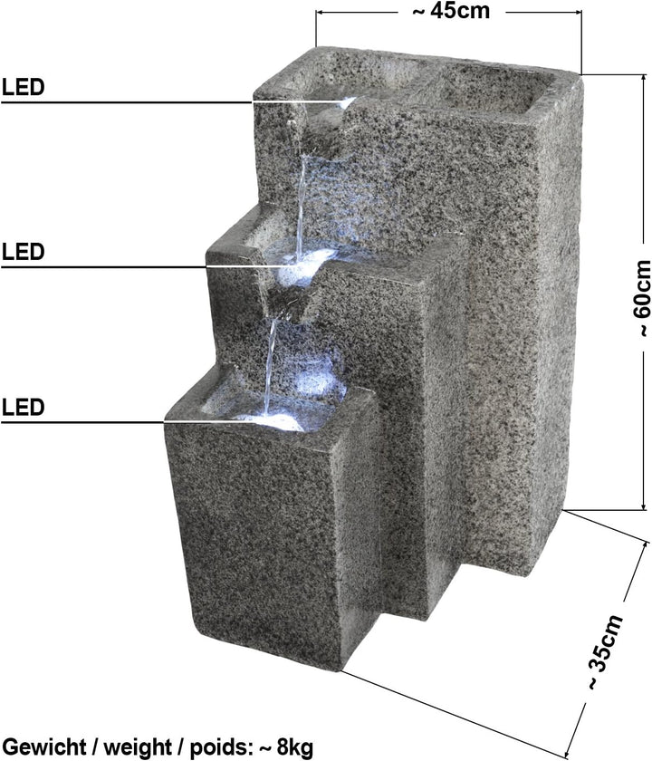 Amur Gartenbrunnen Brunnen Zierbrunnen Zimmerbrunnen Brunnen GRANITWAND-Kaskade mit LED-Licht 230V W