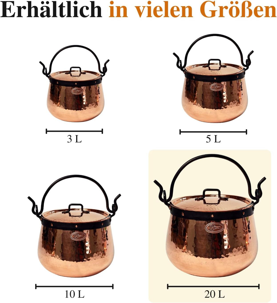 CopperGarden Kupferkessel 20 Liter I Hexenkessel mit Henkel &amp; Deckel I Handgeschmiedeter Kessel aus