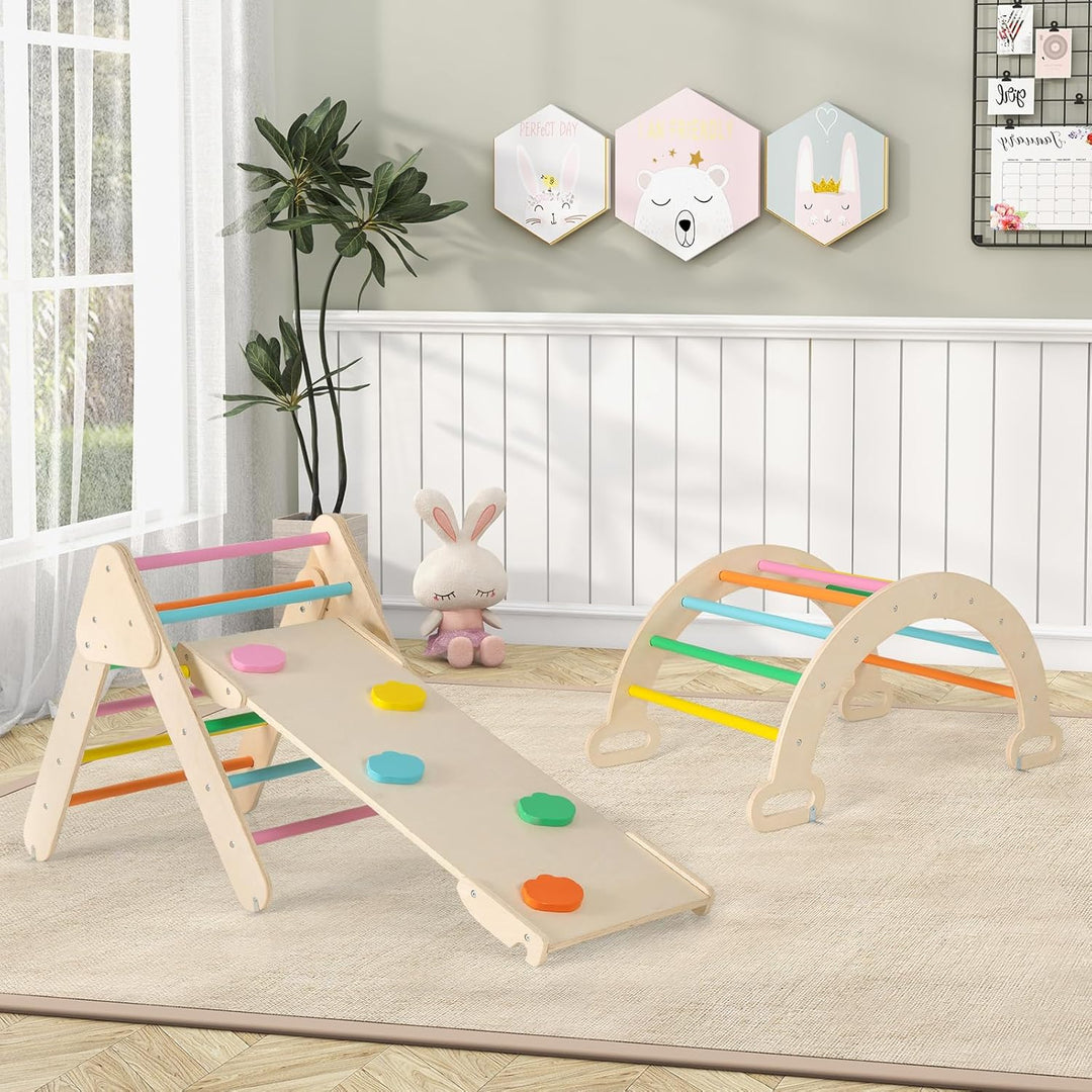GOPLUS Klettergerüst Indoor, 4 in 1 Kletterdreieck & Kletterbogen & Leiter & Rutsche, Sprossendreiec