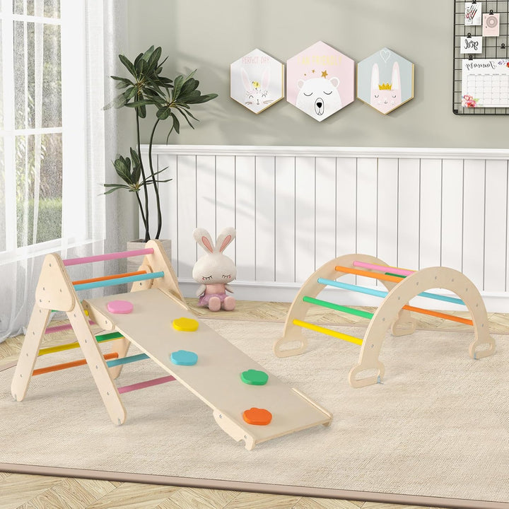 GOPLUS Klettergerüst Indoor, 4 in 1 Kletterdreieck & Kletterbogen & Leiter & Rutsche, Sprossendreiec