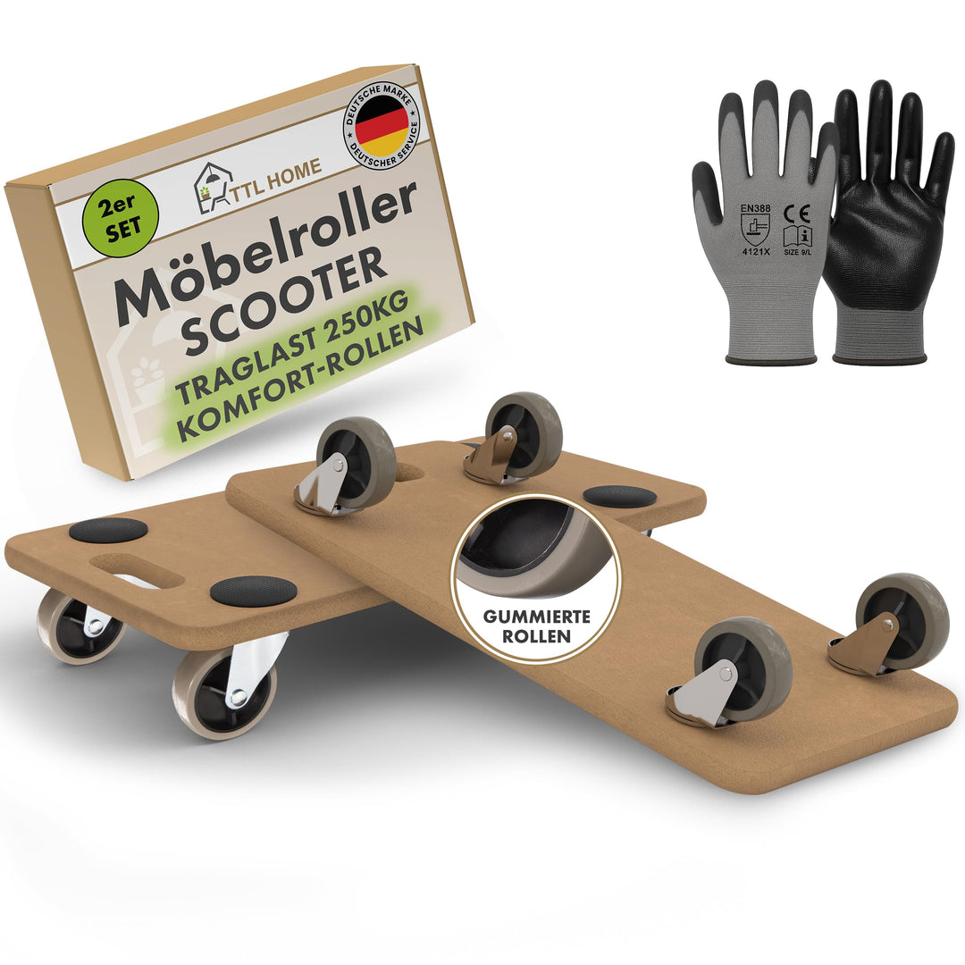 TTL Home 2er Set Möbelroller Scooter 58x30x11cm - 250kg Traglast Rollbrett & Transportroller 360° Gu