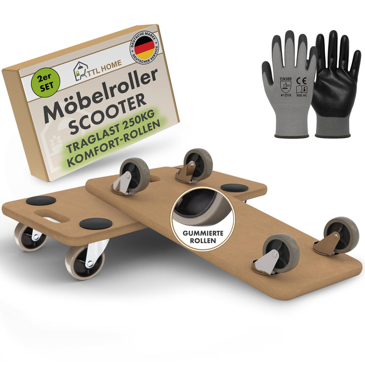 TTL Home 2er Set Möbelroller Scooter 58x30x11cm - 250kg Traglast Rollbrett & Transportroller 360° Gu