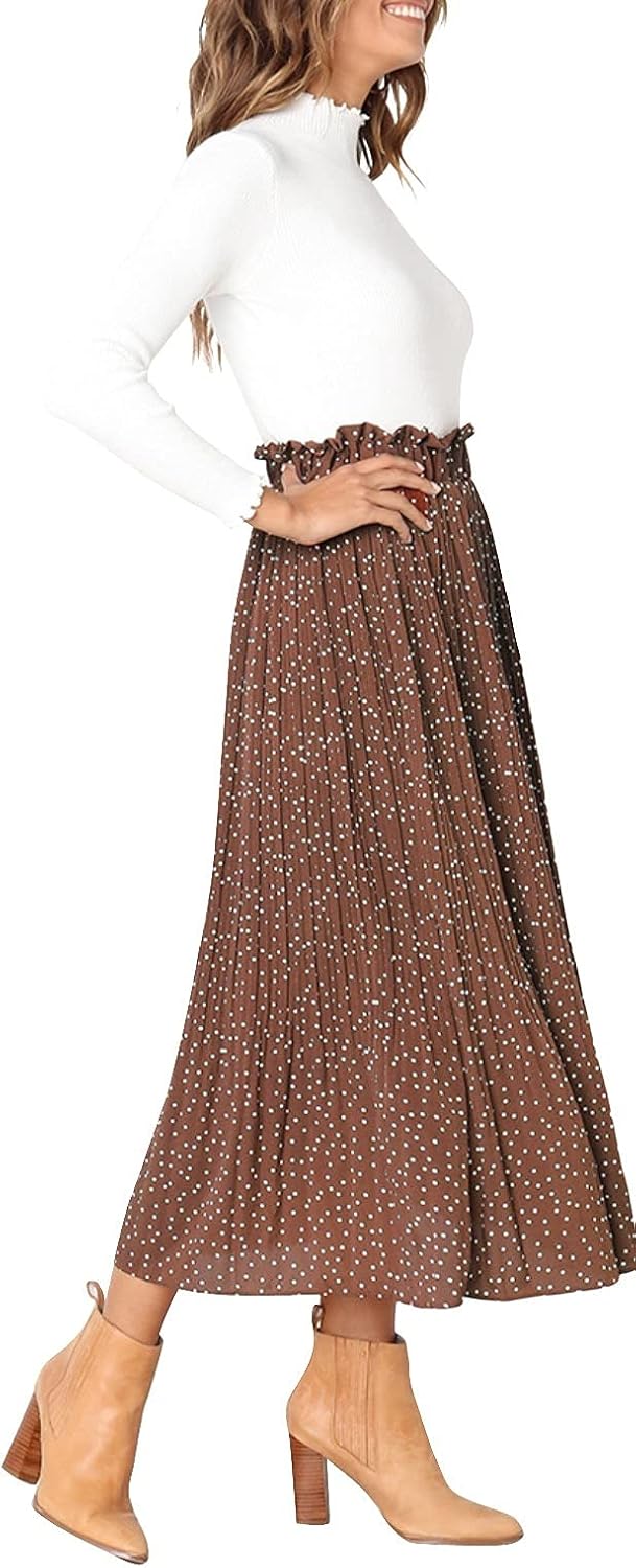 Hoerev Frauen Print Punkt mit Taschen Falten Langer Rock Beach Party Maxi Rock M Braun Punkt, M Brau