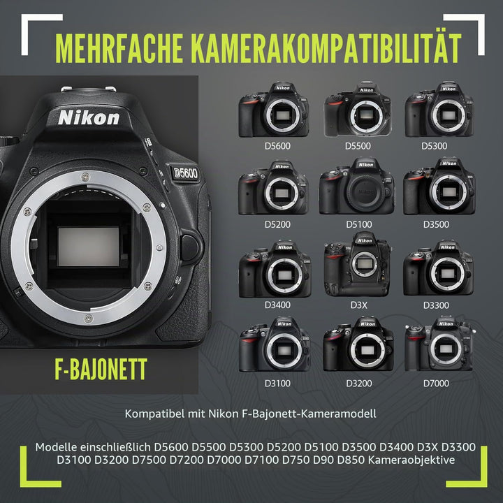Teleobjektiv für Nikon D500, D600, D610, D700, D750, D800e, D810, D810a, D850, D3400, D5000, D5100,