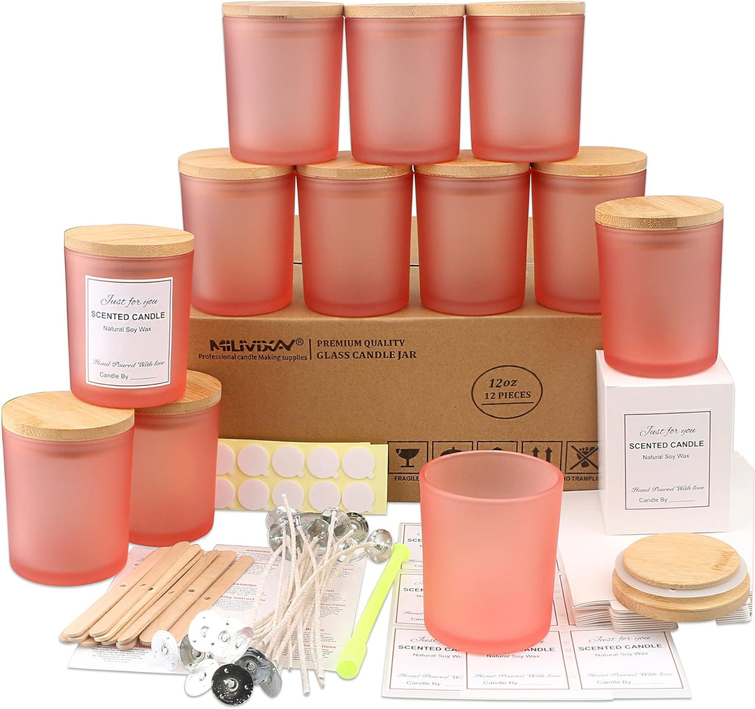 MILIVIXAY 12 Stück 340 ml mattrosa Glaskerzengläser mit Deckel und Kerzenherstellungs-Kits – leere K