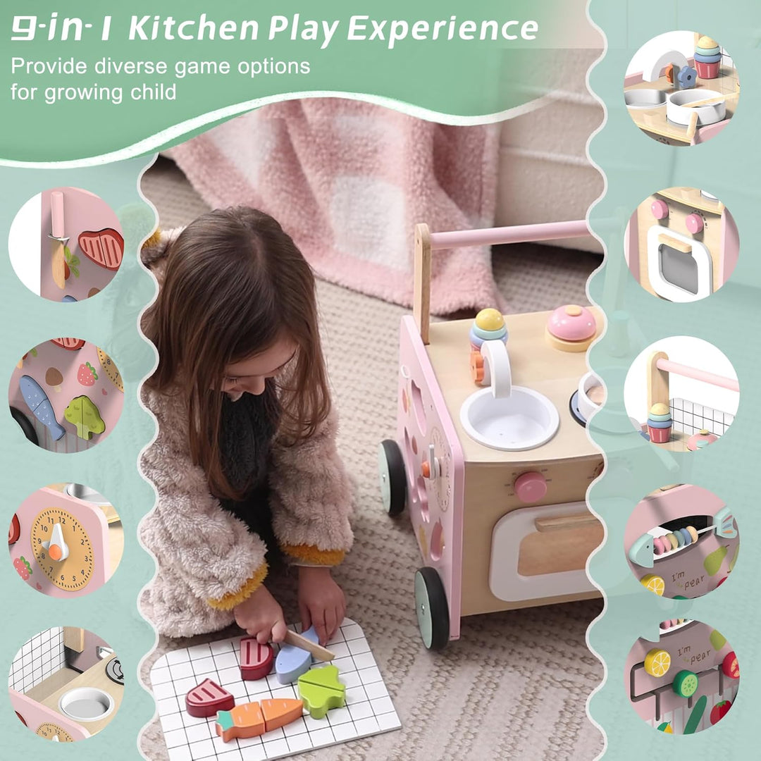 Lauflernwagen Holz, 9 in 1 Baby Lauflernhilfe mit Montessori Spielzeug und Spielküche, Holzspielzeug