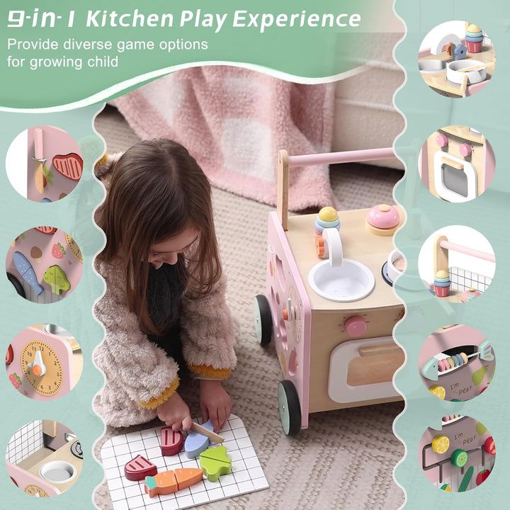 Lauflernwagen Holz, 9 in 1 Baby Lauflernhilfe mit Montessori Spielzeug und Spielküche, Holzspielzeug