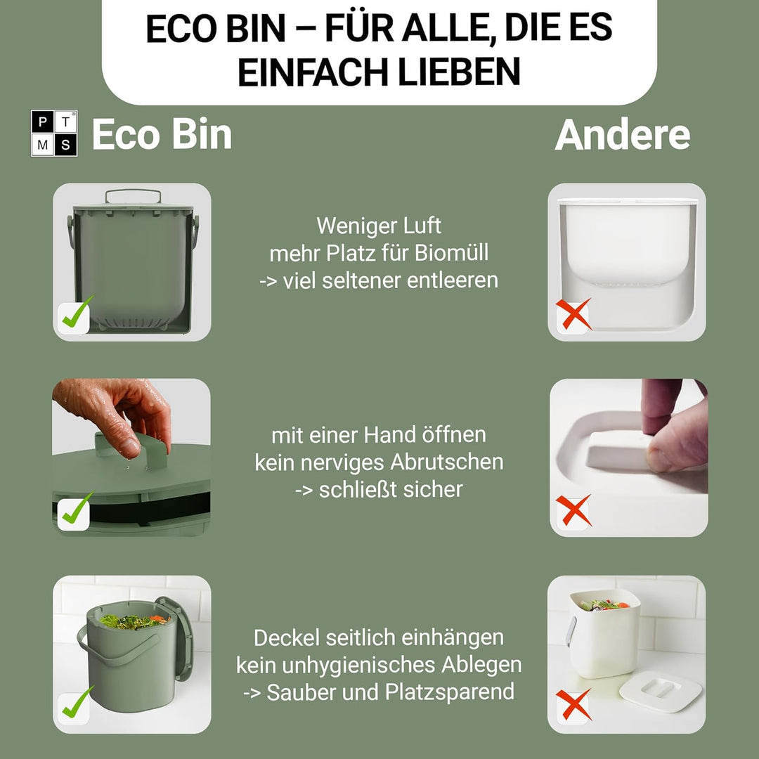PTMS® Biomülleimer Küche 6L - Biomüll mit praktischem Deckel zum Einhängen & Innensieb - Spülmaschin