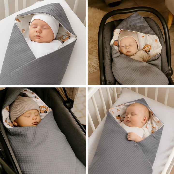 Baby Einschlagdecke Doppelseitig 86x86 cm Baumwolle-Wafellstoff für Kinderwagen und Babybett (Grau W