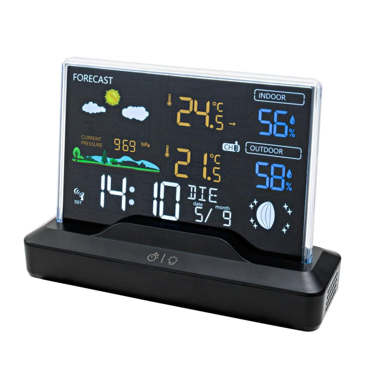 SOUCCESS FUNK-WETTERSTATION "DELUXE" - FARBIGE WETTERSTATION MIT FUNKUHR, WETTERDATEN, AUSSENSENSOR,