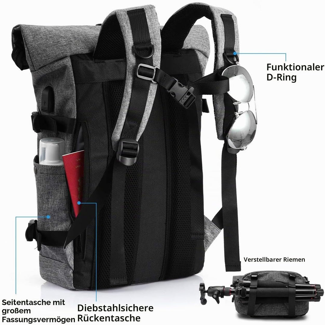 YAMTION Laptop Rucksack Herren,Rolltop Rucksack Schulrucksack Jungen Teenager mit USB Ladeanschluss