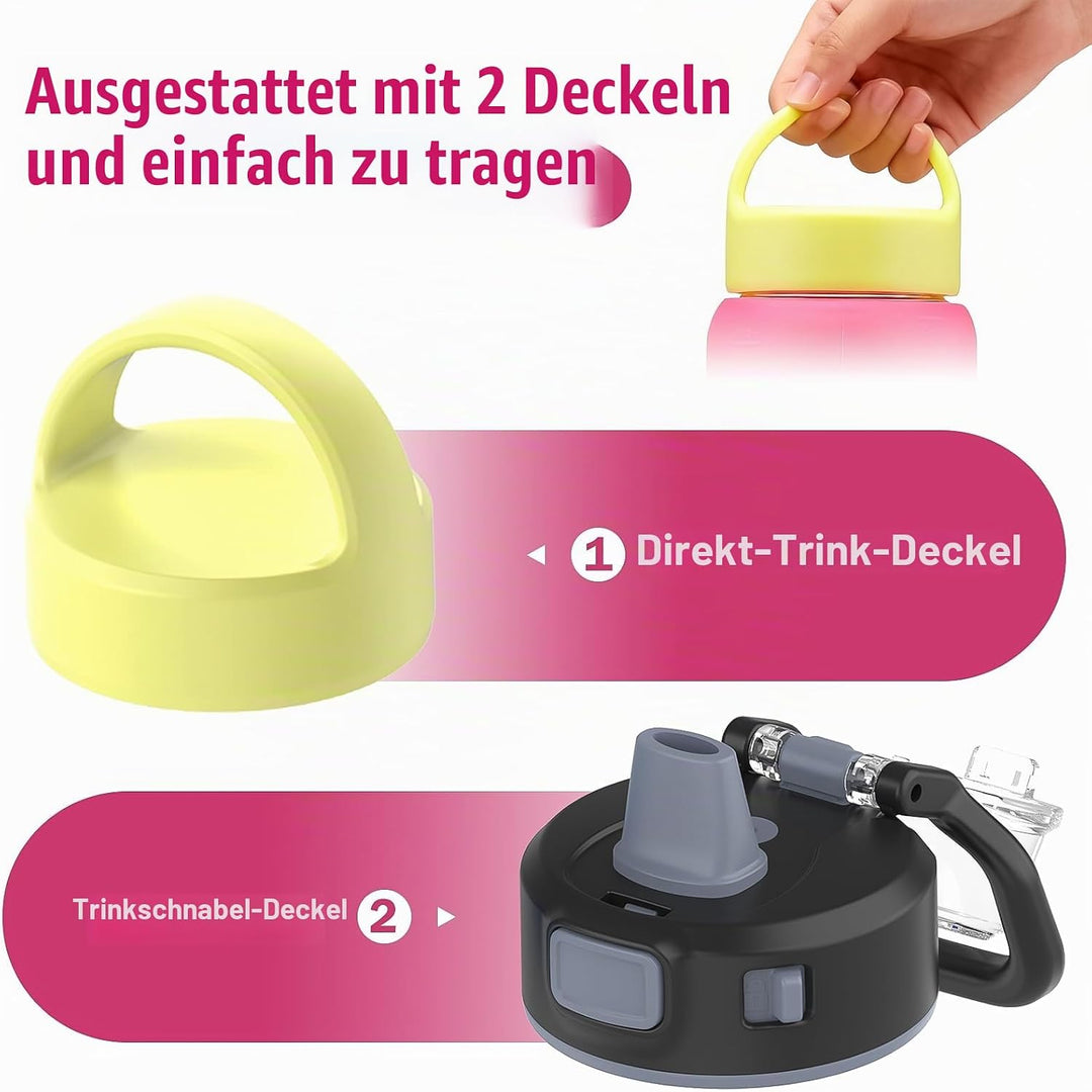 BLUEGO 600ml Glas Wasserflasche mit 2 Deckeln- One-Touch Verschlussdeckel und Griffdeckel Wiederverw