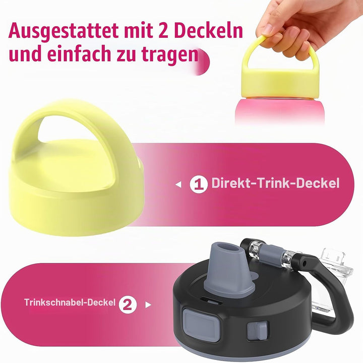 BLUEGO 600ml Glas Wasserflasche mit 2 Deckeln- One-Touch Verschlussdeckel und Griffdeckel Wiederverw