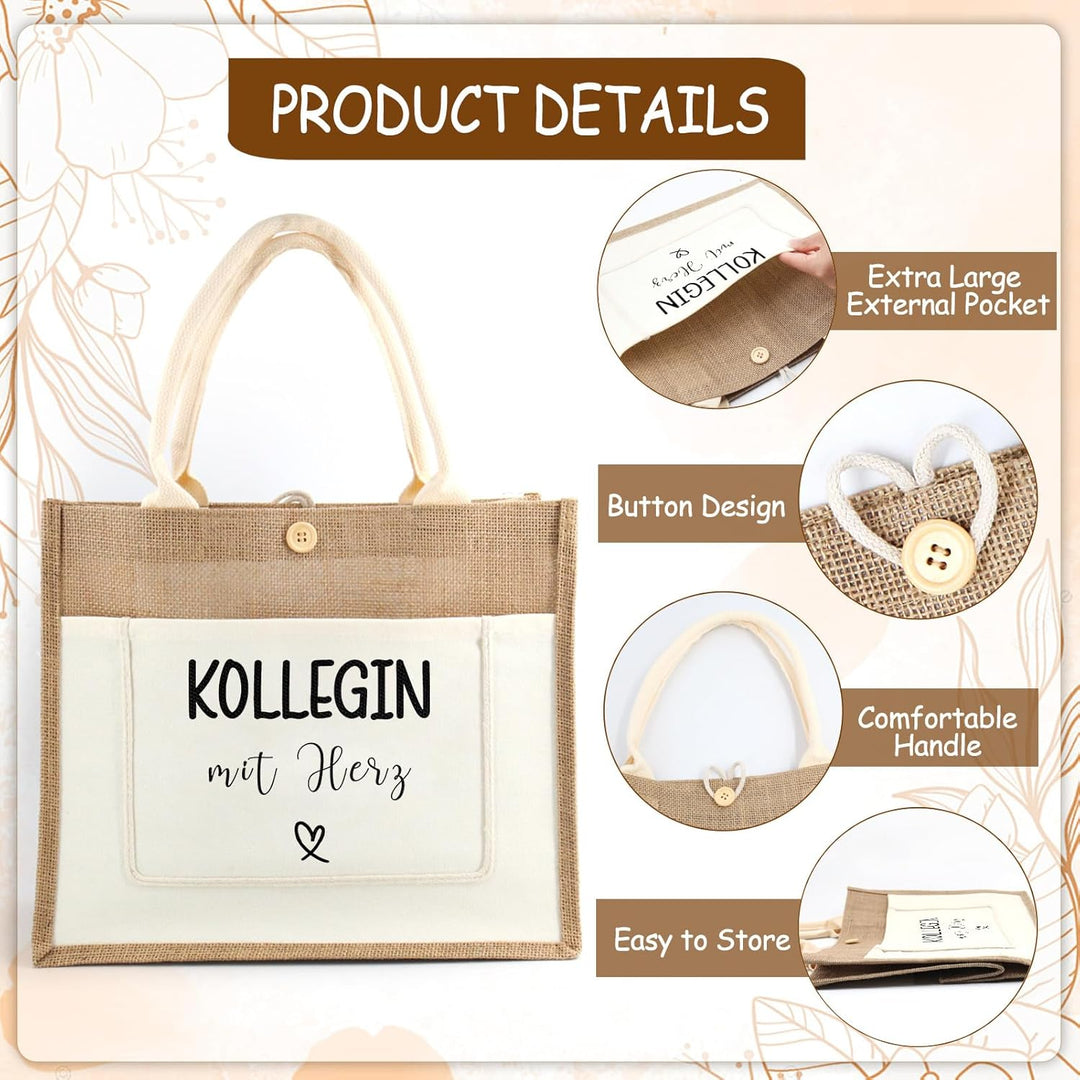 Jutetasche Kollege Geschenk Jute Shopper Bag, Jute Einkaufstasche mit Kollegin Herz, Jutebeutel als