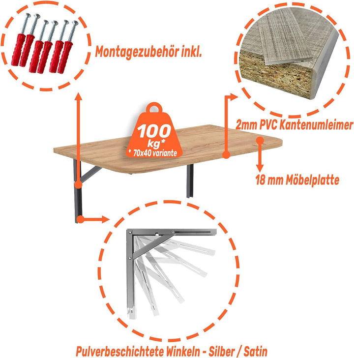 Mikon 70x60 | Wandklapptisch mit abgerundete Ecken Klapptisch Wandtisch Küchentisch Schreibtisch Kin