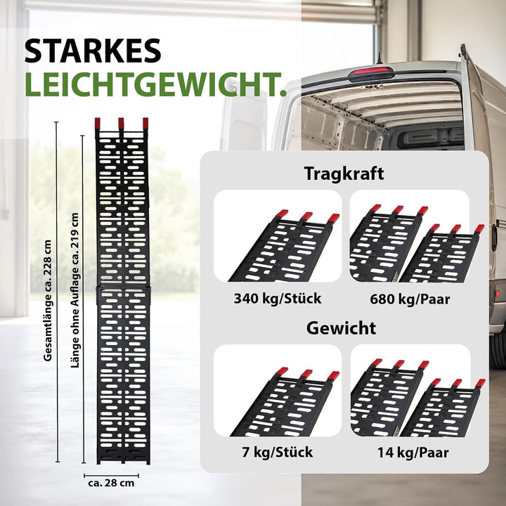TRUTZHOLM 2 x Auffahrrampe klappbar 228 cm Traglast 680 kg Alu schwarz gelocht Motorradrampe Verlade