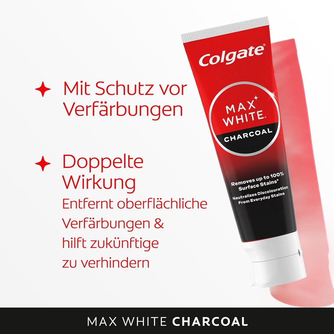 Colgate Zahnpasta Max White Charcoal, 12 x 75ml - Zahncreme mit Aktivkohle, entfernt bis zu 100% der