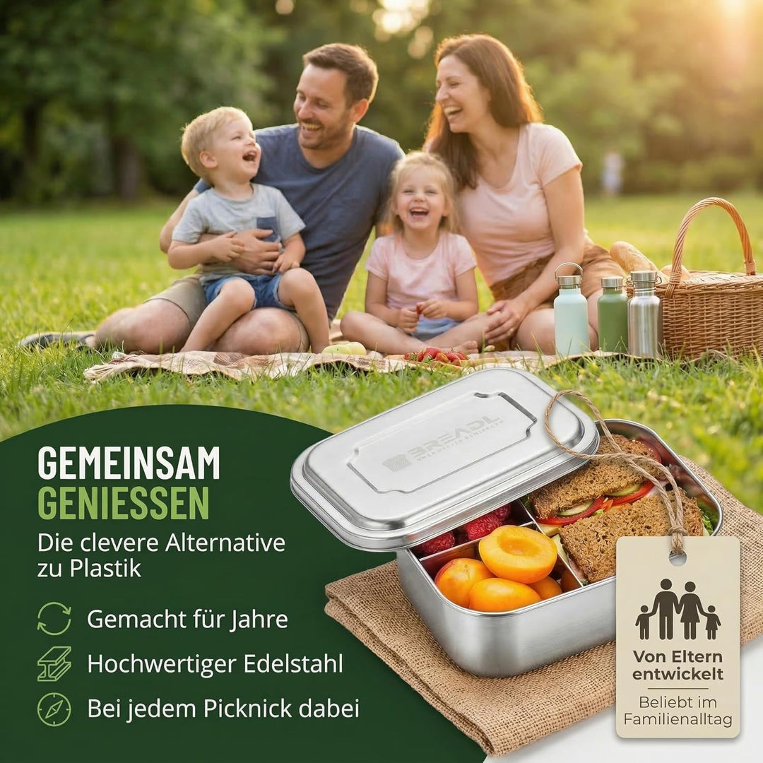 Edelstahl Brotdose, Feste Trennwand und 3 Fächer, Plastikfrei, Rostfrei, Spülmaschinengeeignet, Klei