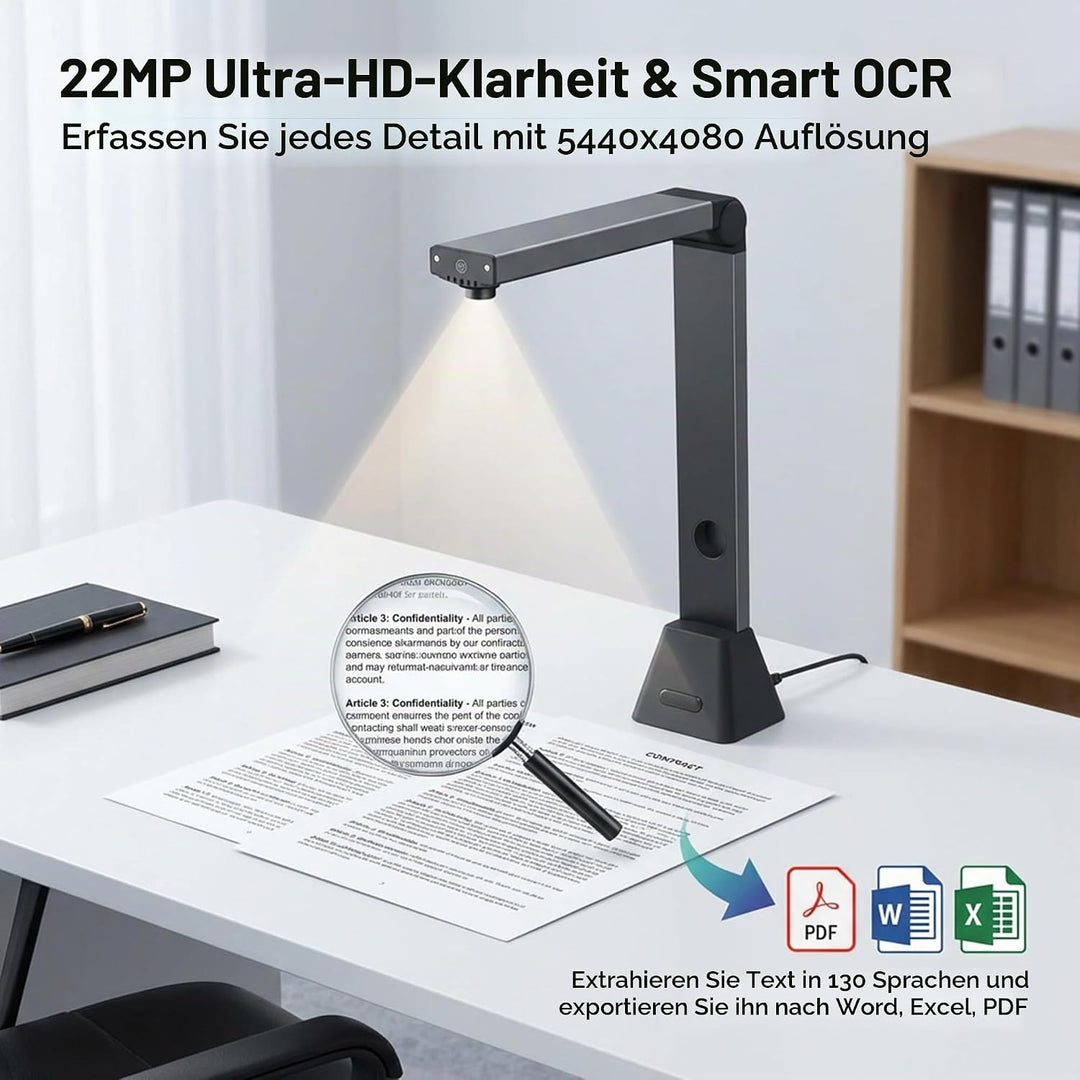Dokumentenscanner A3 Scanner 22MP: OCR für 130 Sprachen USB Dokumentenkamera mit 4 LED für Schule Bü
