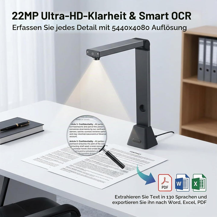 Dokumentenscanner A3 Scanner 22MP: OCR für 130 Sprachen USB Dokumentenkamera mit 4 LED für Schule Bü