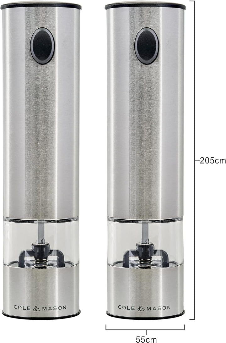 Cole & Mason H3004480 Battersea Elektrische Pfeffermühle / Salzmühle, 2er Set , Edelstahl / Acryl, 2