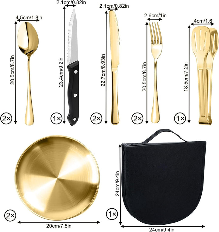 Camping Geschirr Set für 2 Personen, 10 Stück Tragbars Campingbesteck Set aus Edelstahl für Picknick