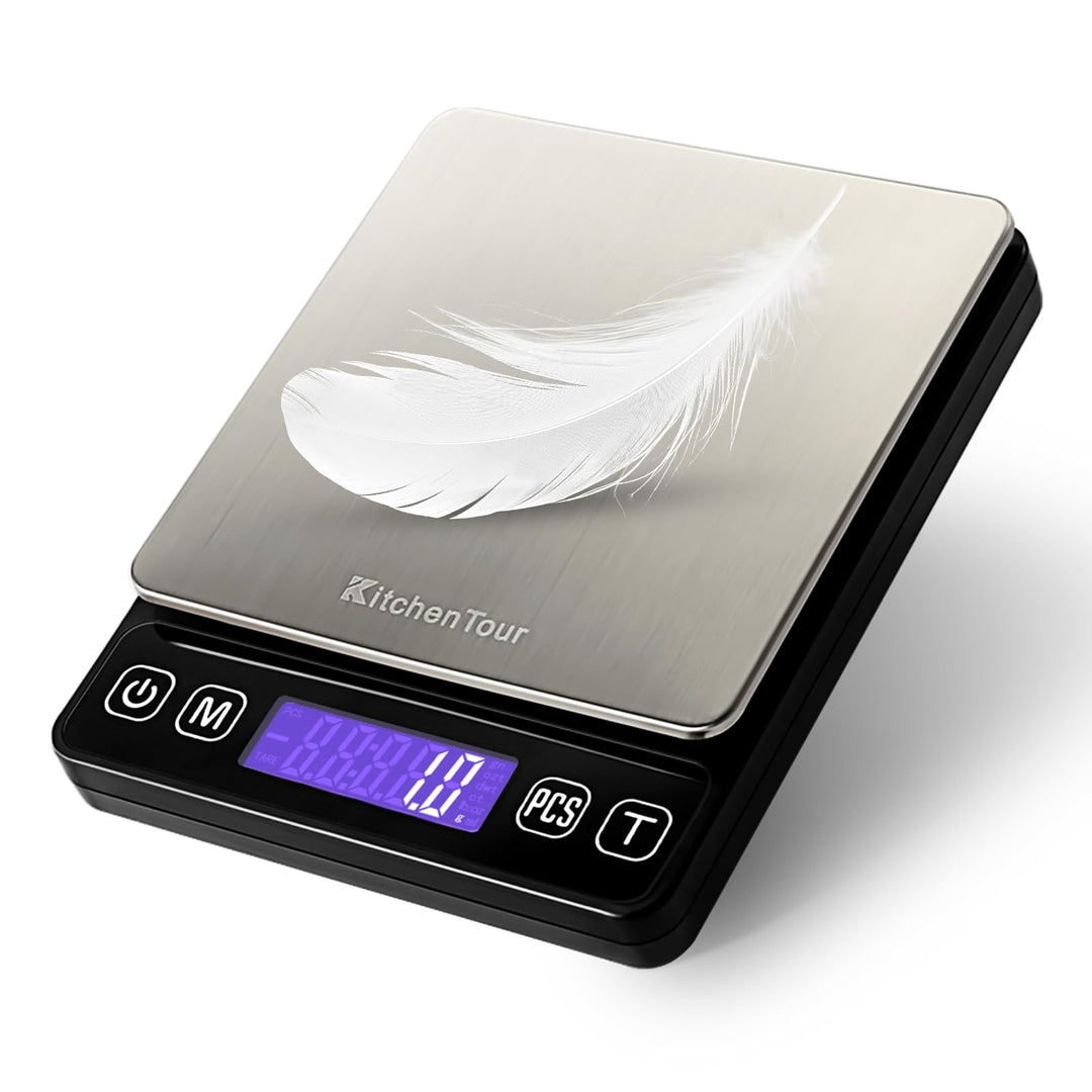KitchenTour Digitale Küchenwaage – 3000g/0,1g Präzisionswaage mit 9 Einheiten (g/oz/ml/lb/lb:oz/gn/