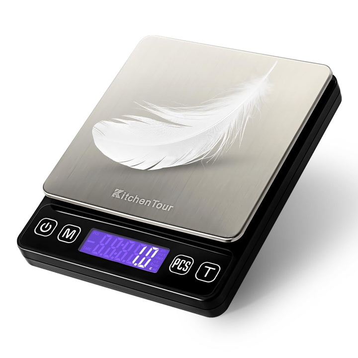 KitchenTour Digitale Küchenwaage – 3000g/0,1g Präzisionswaage mit 9 Einheiten (g/oz/ml/lb/lb:oz/gn/