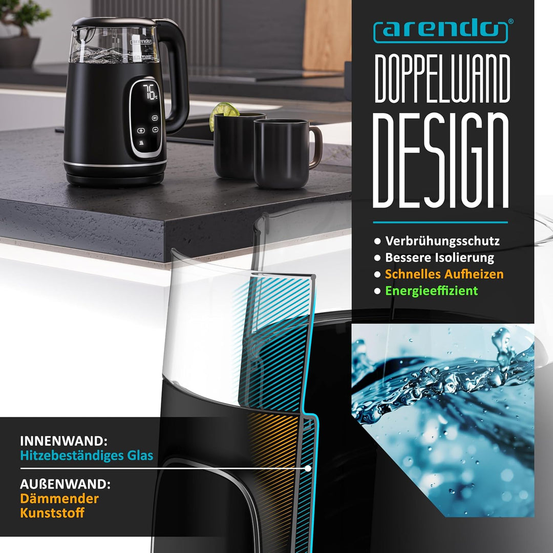 Arendo - Glas Wasserkocher mit Temperatureinstellung - Edelstahl - Doppelwand Design Cool Touch - Di