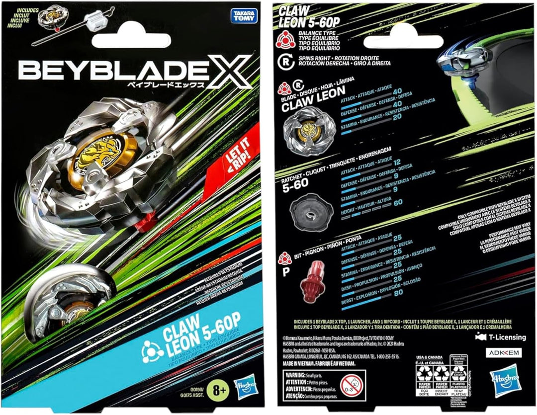 Beyblade X Claw Leon 5-60P Starter Pack Set, Balance Type Rechtsdrehendes Top und Launcher, Kampfspi