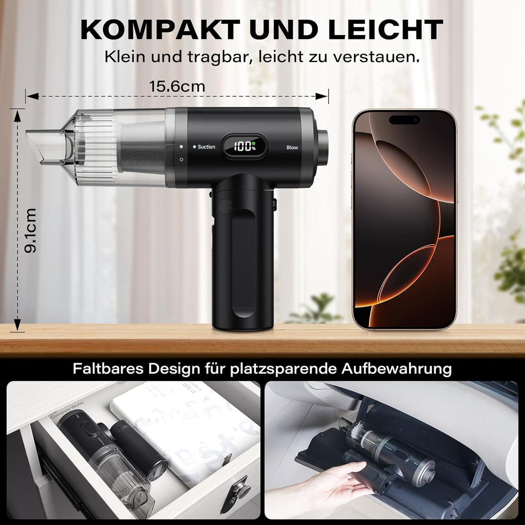 APPS2Car Handstaubsauger Akku Für Auto, 15000PA Mini Akku Auto Staubsauger Stark mit Digitalanzeige,