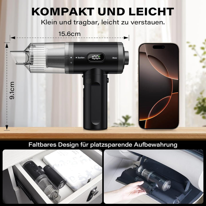 APPS2Car Handstaubsauger Akku Für Auto, 15000PA Mini Akku Auto Staubsauger Stark mit Digitalanzeige,