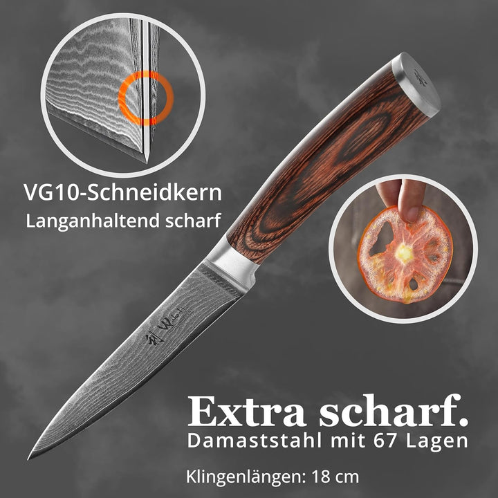 Wakoli EDIB Damast Fleischmesser & Tranchiermesser aus echtem Damaststahl (VG10 Kern) mit 18 cm Klin