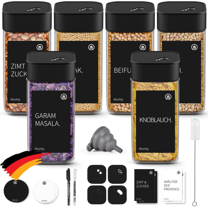Miorkly Gewürzgläser Eckig - 6er Set mit Schwarz Edelstahl Drehdeckel, 120ML Gewürzstreuer Set mit S