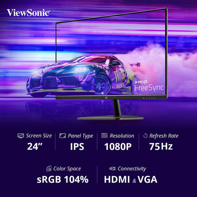 Viewsonic VA2432-MHD 60,5 cm (24 Zoll) Büro Monitor (Full-HD, IPS-Panel, HDMI, DP, VGA, Eye-Care, Ec