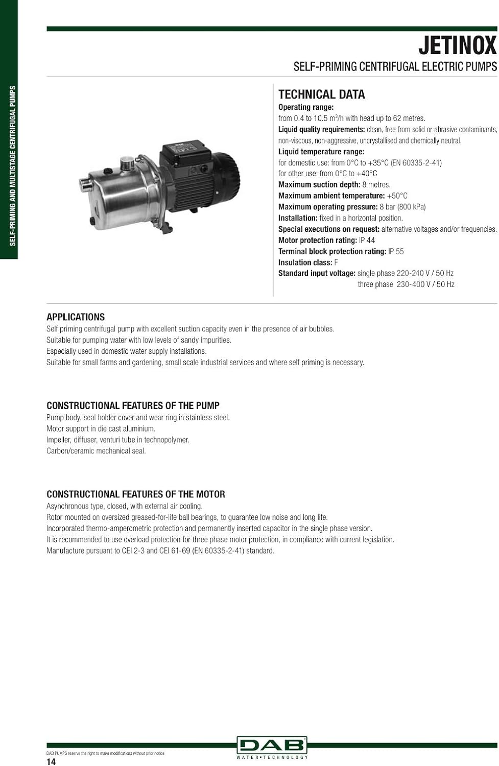 DAB Serie 102640040 Jetinox 102M selbstansaugende Kreiselpumpe 0,75 kW - 1 HP für Kaltwasser