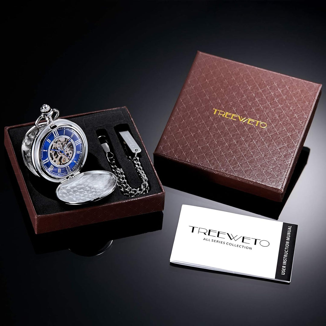 TREEWETO Pocket Watch - Smooth Double Case Series Skeleton Dial Delicate Mechanical Movement with Ch