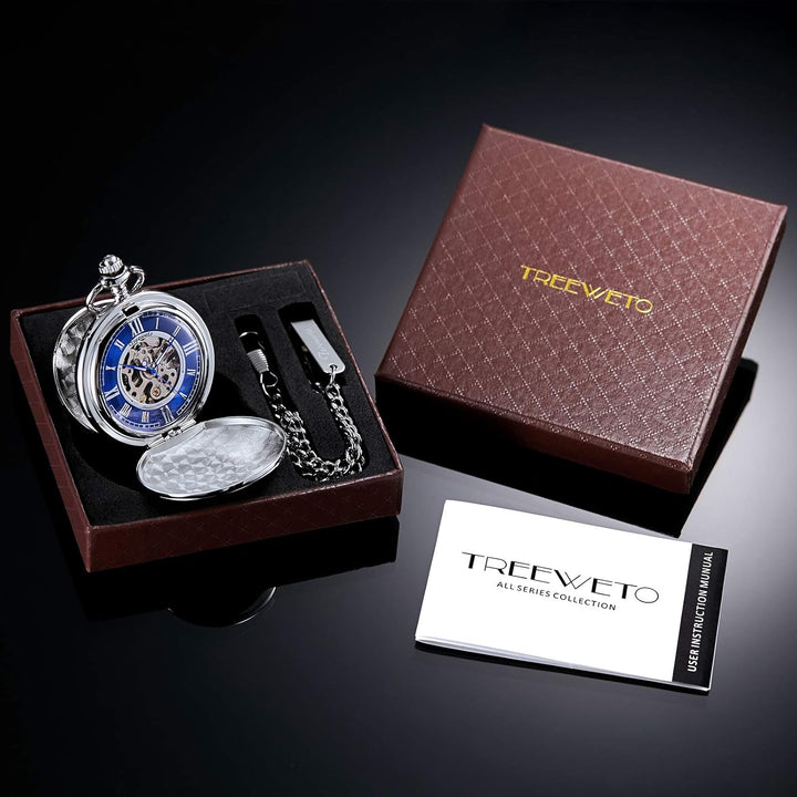 TREEWETO Pocket Watch - Smooth Double Case Series Skeleton Dial Delicate Mechanical Movement with Ch