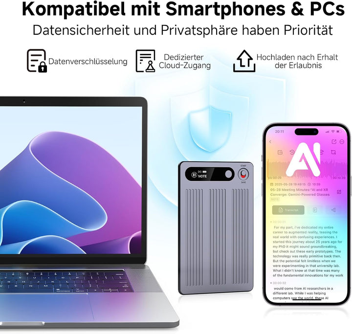 KI Digitales Diktiergerät, Transkribieren und Zusammenfassen, One-Touch-Aufnahme, Unterstützt 80+ Sp