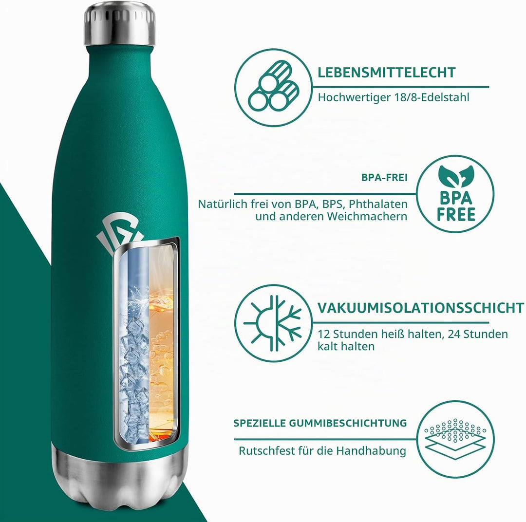 Thermosflasche1L, Trinkflasche Kohlensäure Geeignet, Thermosflasche Auslaufsicher, Isolierflasche BP