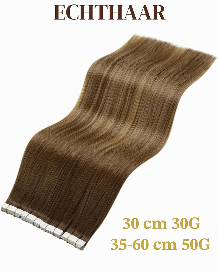 Hetto Tape Extensions Echthaar, Balayage Hellbraun mit Platinblond, 30cm | 20 Stucke 30g 100% Remy H