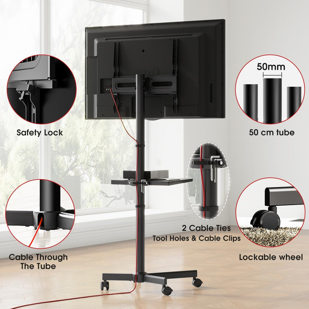AOKCOS TV Ständer Rollbar für 32-65 Zoll Fernseher, TV Wagen mit Tablett, Fernsehständer Höhenverste