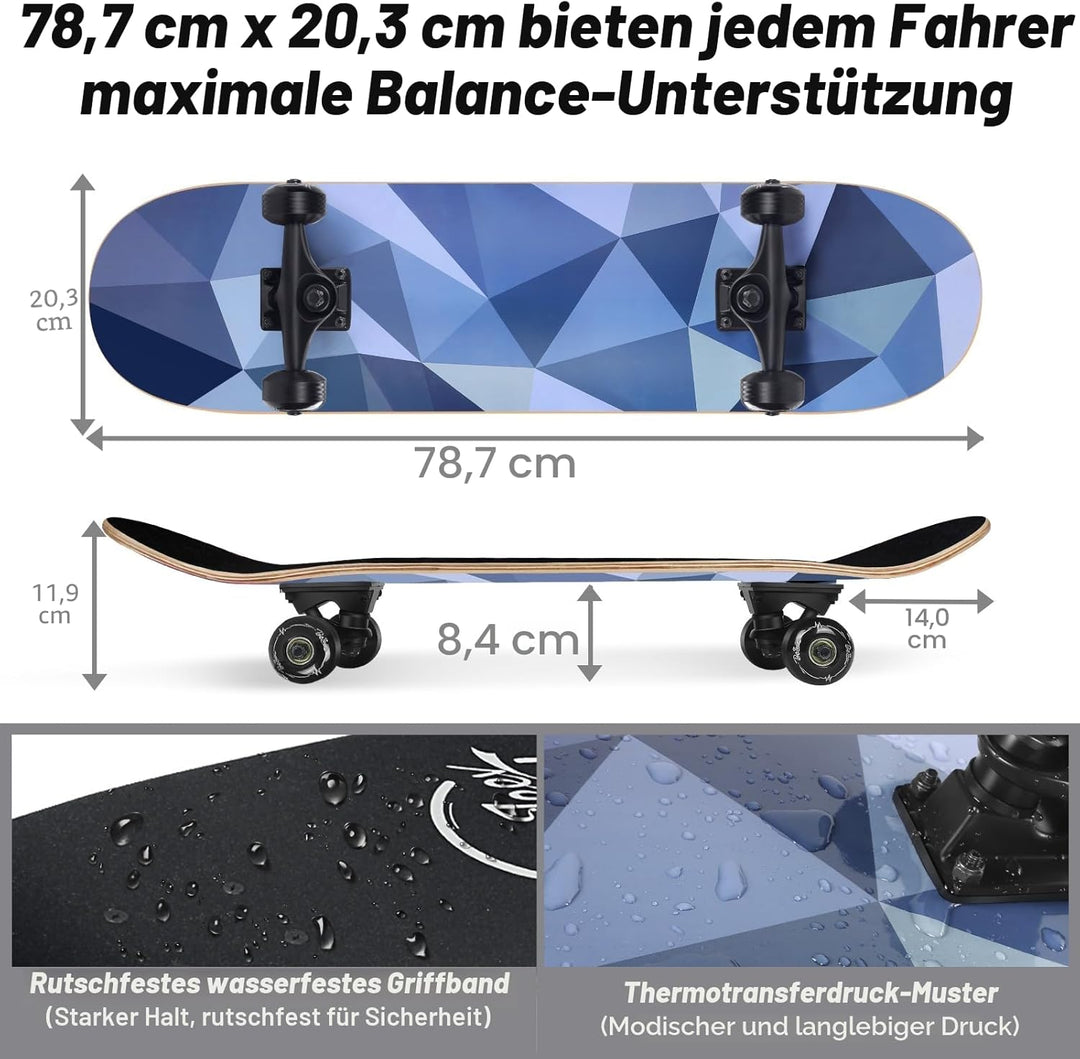 BELEEV Skateboard 31x8 Zoll Komplette Cruiser Skateboard für Kinder Jugendliche Erwachsene, 7-Lagige