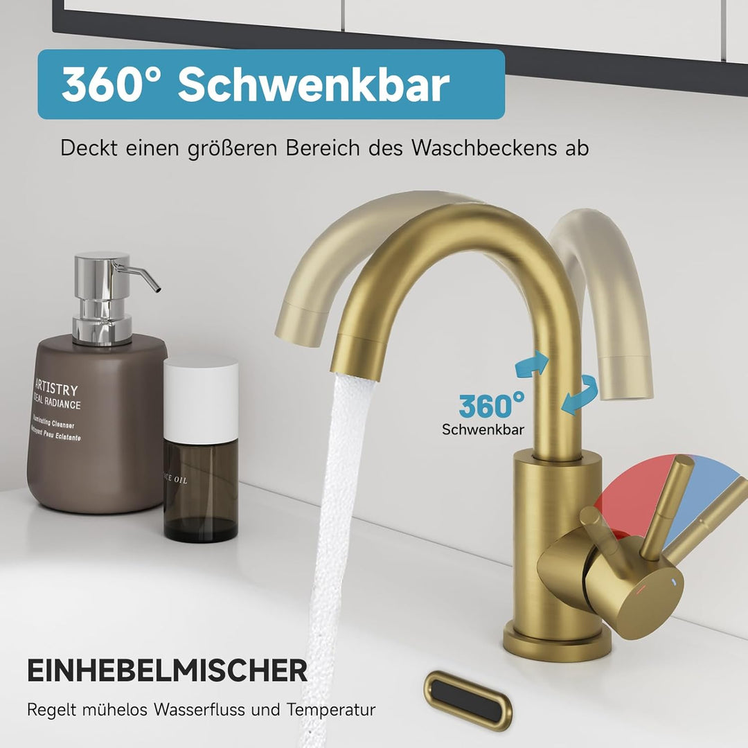 Wasserhahn Bad Gebürstetes Gold, Wasserhahn Küche Edelstahl, 360° Drehbar Waschtischarmatur Hoch, Ei
