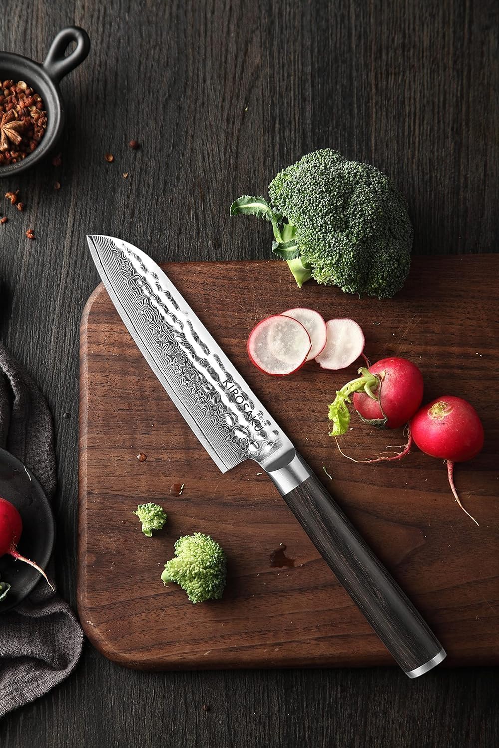 Kirosaku Santoku Damastmesser - Damaskus Messer mit echtem Pakkaholzgriff - Profimesser mit Geschenk