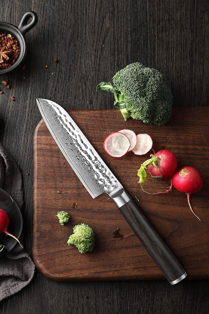 Kirosaku Santoku Damastmesser - Damaskus Messer mit echtem Pakkaholzgriff - Profimesser mit Geschenk