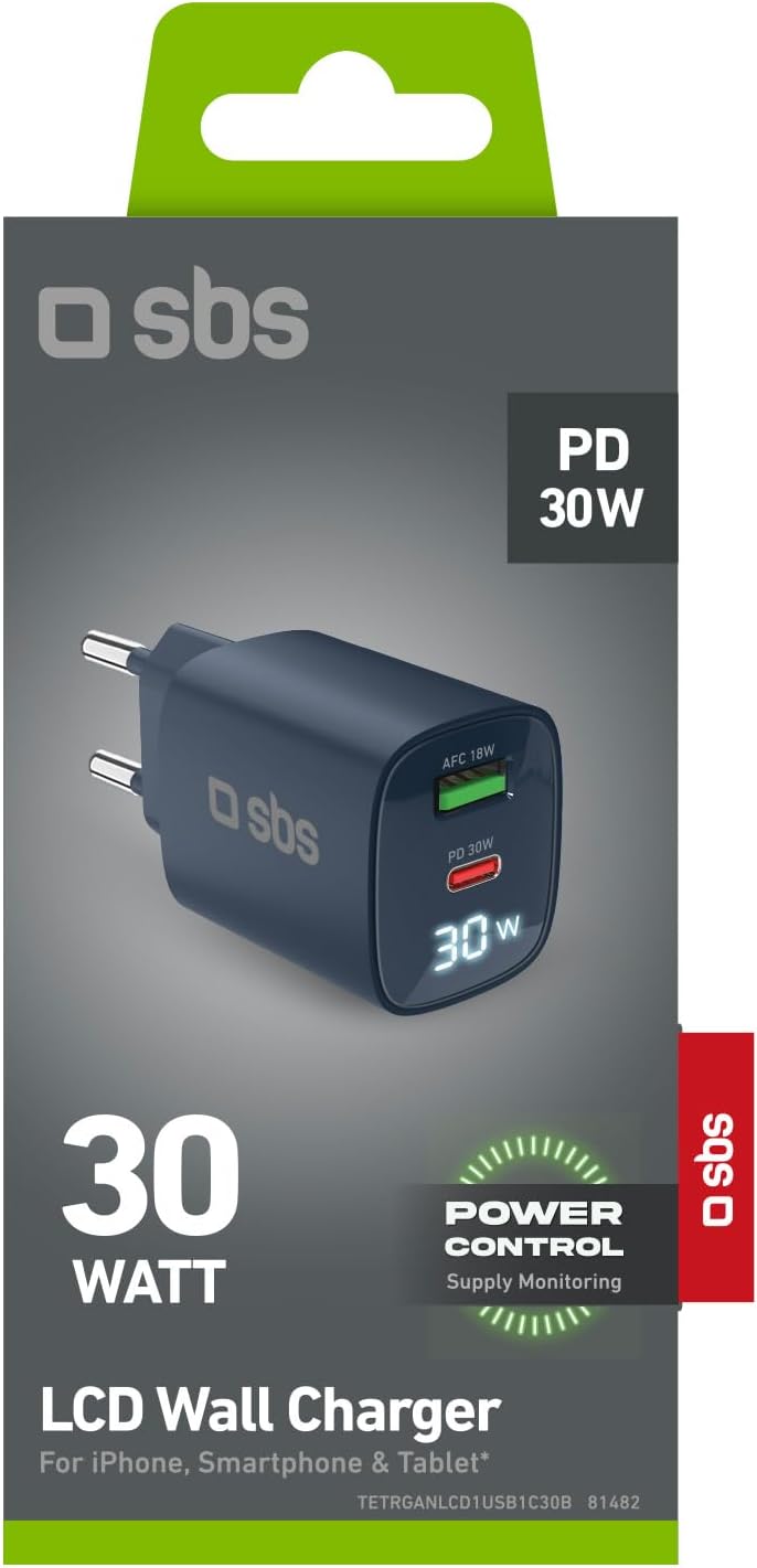 SBS Mehrport-Ladegerät 30W mit LCD, 1 USB-C-Anschluss und 1 USB-A-Anschluss, EU-Stecker, Power Deliv